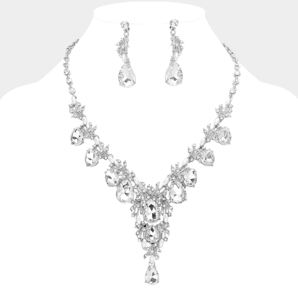 Silver Pearl Rhinestone Crystals Vine Cluster Teardrop Necklace Set